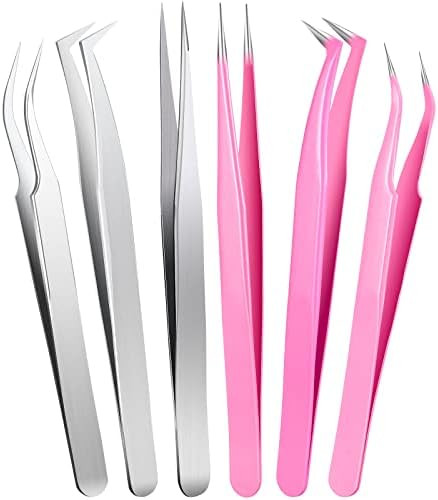 6 Pieces Eyelash Extension Tweezers Lash Tweezers Set Stainless Steel Straight and Curved Tip Tweeze | Amazon (US)