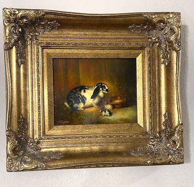 Vintage Painting Black & White Rabbit 2 Bunnies Ornate Gold Frame Signed "Byron"  | eBay | eBay US