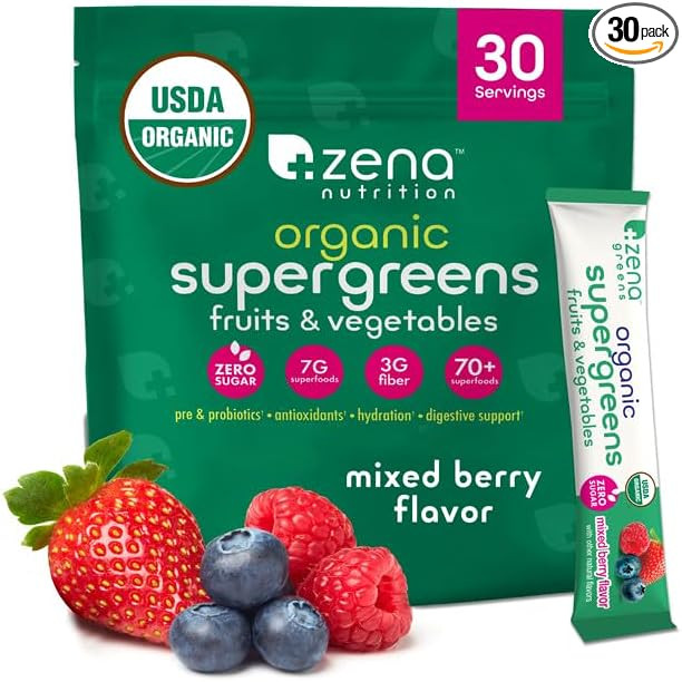 Zena Nutrition Organic Super Greens Powder, 70+ Superfoods, 0 Sugar, 3G Fiber, Spirulina, Chlorel... | Amazon (US)