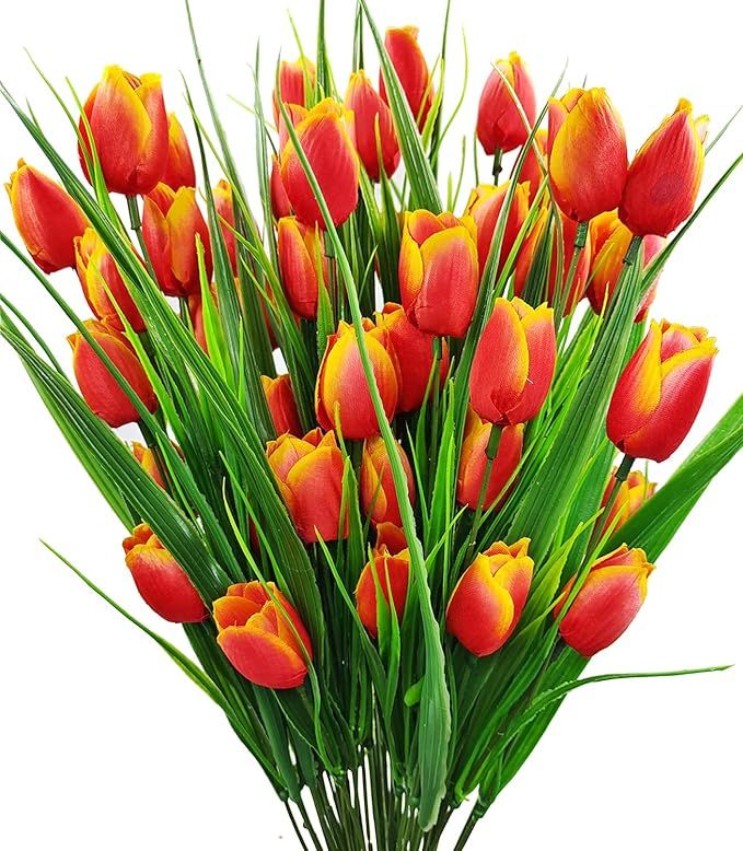 Guagb 8 Bundles Outdoor Artificial Tulips Fake Flowers UV Resistant Faux Plastic Greenery Shrubs ... | Amazon (US)