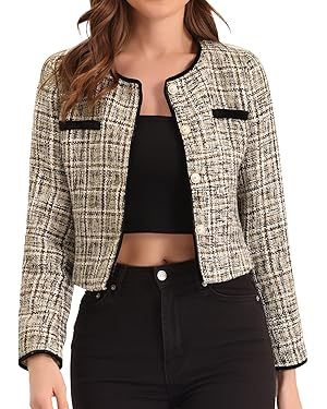 Allegra K Tweed Jacket for Women's Long Sleeve Casual Work Office Plaid Short Outwear | Amazon (US)