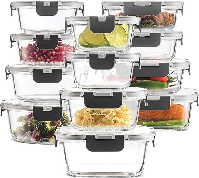 24-Piece Superior Glass Food Storage Containers Set - Newly Innovated Hinged BPA-free Locking lid... | Amazon (US)