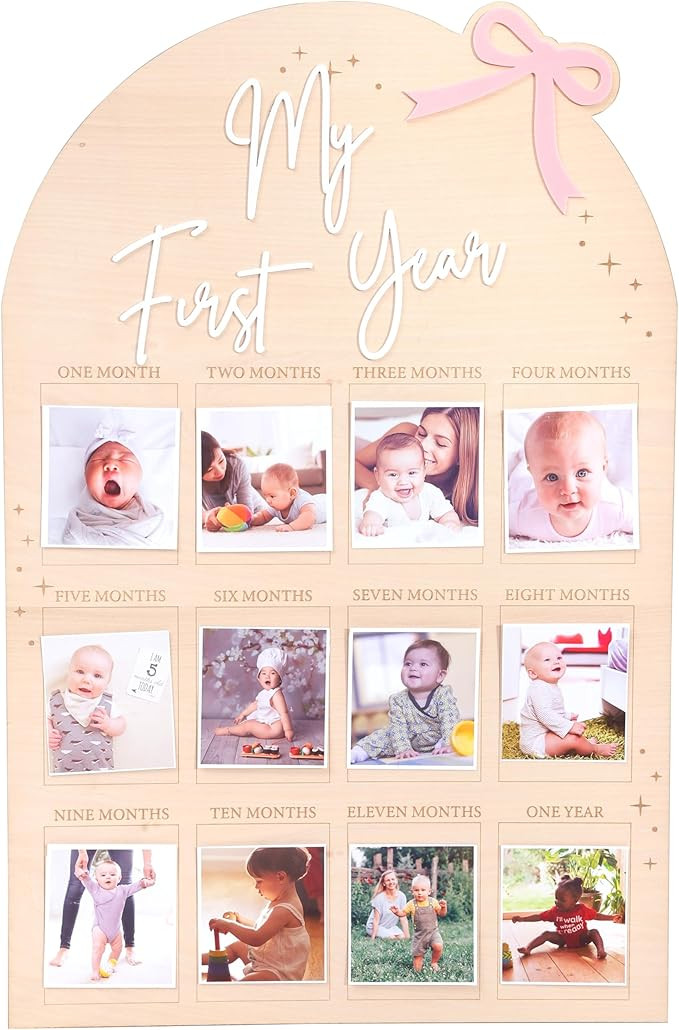 WAUAO Bow My First Year Birthday Board - One Year Of Photo Board,Monthly Milestone Wood Photo Boa... | Amazon (US)