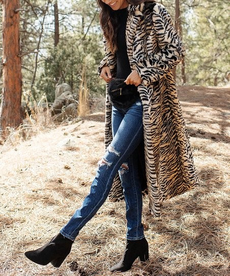 Donna Salyers' Fabulous-Faux Furs Black & Cream Tiger Backstage Faux Fur Maxi Coat - Women | Zulily