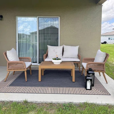 4-piece Patio Conversation Set – Wicker Outdoor Furniture With Aluminum Table, 3 Rattan Chairs For 4 People, Thick Sofa Cushions, Ideal For Garden, Ba | Wayfair North America