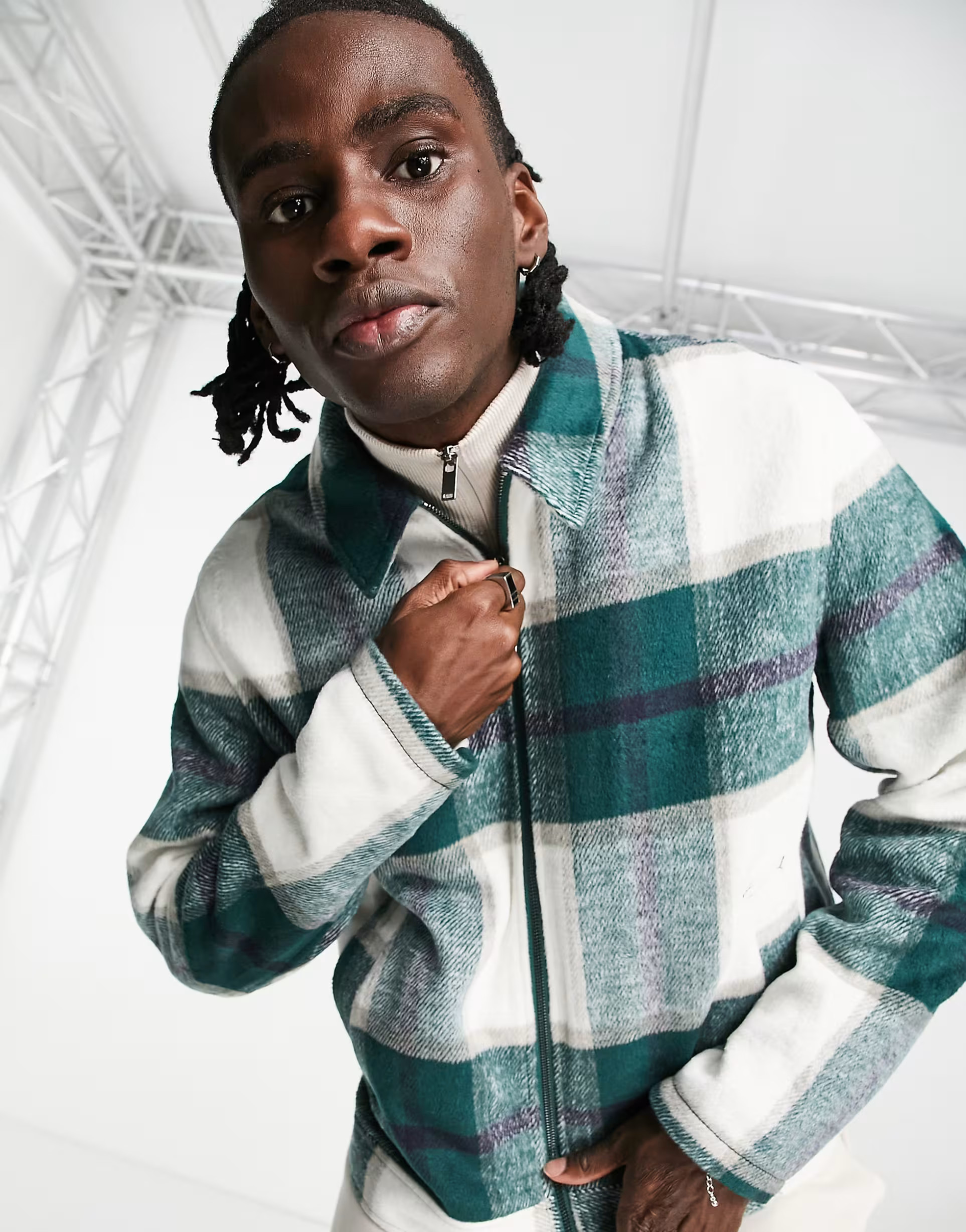 ASOS DESIGN harrington jacket in wool look green and ecru check | ASOS (Global)