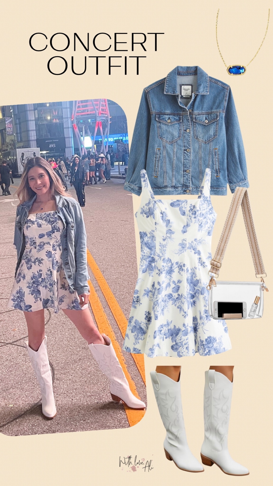 Here's what I wore to the Bad Bunny concert last night! Western theme so white cowboy boots were a must! These are from Amazon. They run tts and are incredibly comfortable! I also wore a floral print A-line mini dress and denim jacket from Abercrombie. I accessorized with a sparkly blue Kendra Scott necklace that matched my outfit and a clear crossbody purse that fit all of my essentials and is event venue approved!
#concertoutfit #westernoutfit

#LTKshoecrush #LTKstyletip #LTKFestival