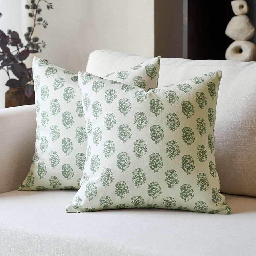 DOMVITUS Set of 2 Floral Pillow Covers 20x20, Block Print Pillow Covers Vintage Neutral Decorativ... | Amazon (US)