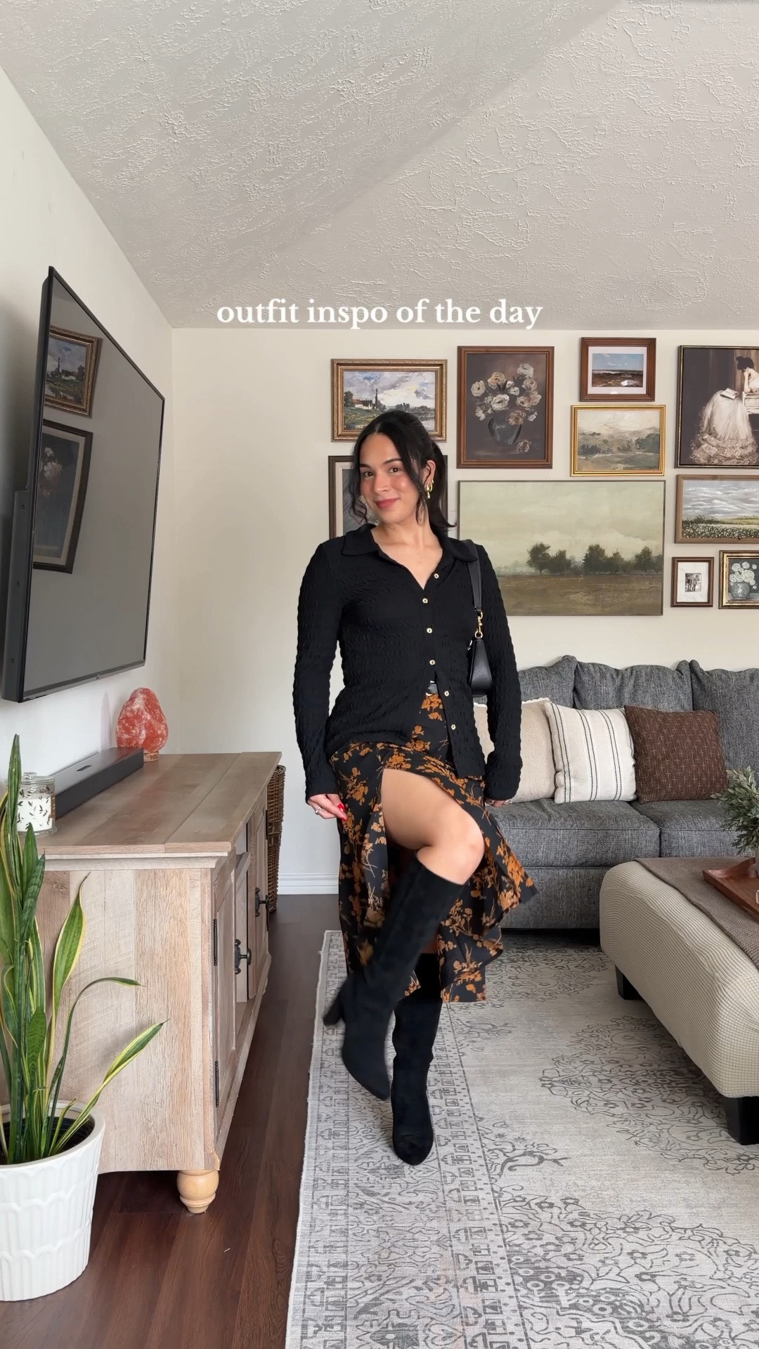 fall feels 🍁 RIHOAS discount code: oza12RS ✨ black cardigan, black button down cardigan, black knit cardigan, fitted cardigan, long sleeve cardigan, textured cardigan, black floral skirt, black midi skirt, floral midi skirt, floral skirt outfit, fall floral skirt, fall outfit, fall fashion, autumn outfit, autumn fashion, black and orange outfit, black and brown outfit, floral fall outfit, midi skirt outfit, skirt and cardigan outfit, black knee high boots, knee high boots outfit, black boots, suede knee high boots, black shoulder bag, black handbag, gold jewelry, feminine fall outfit, elegant fall outfit, chic fall outfit, romantic fall outfit, date night outfit, dinner outfit, brunch outfit, Thanksgiving outfit, holiday outfit, office outfit, work outfit, classic outfit, sophisticated outfit, feminine style, timeless style, vintage inspired outfit, cottagecore outfit, dark feminine style, cozy fall outfit, casual chic outfit, transitional outfit, LTK fashion, LTK outfit, outfit inspiration  

 #LTKdayinmylife #LTKgrwm #LTKootd