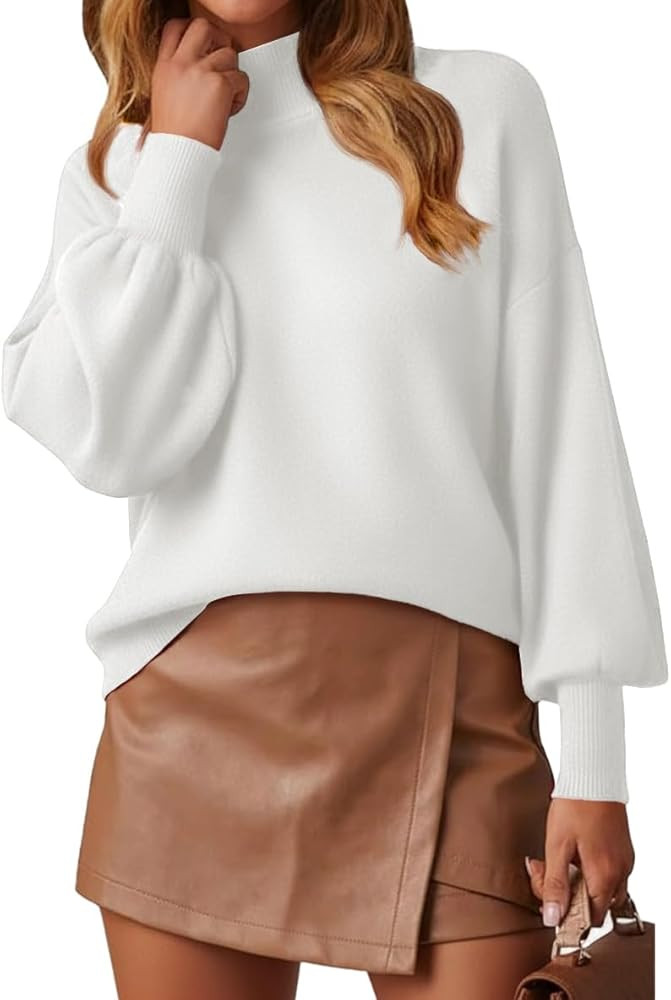 WEACZZY Women's 2025 Fall Fashion Casual Sweaters Mock Neck Long Lantern Sleeve Lightweight Knit ... | Amazon (US)