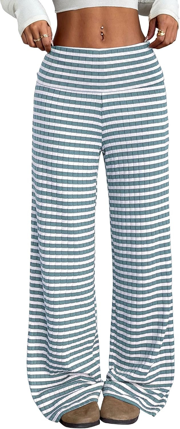 ZAFUL Women's Striped Pants Knit Casual Drawstring Waist Wide Leg Pants Lightweight Stretchy Loose Pants with Pockets | Amazon (US)