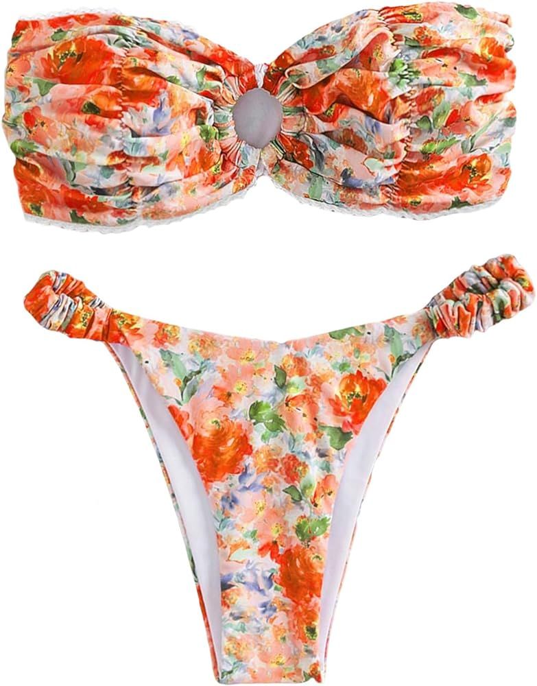 GORGLITTER Women's Floral Swimsuit Strapless Bandeau High Cut Thong Bikini Set Bathing Suit | Amazon (US)