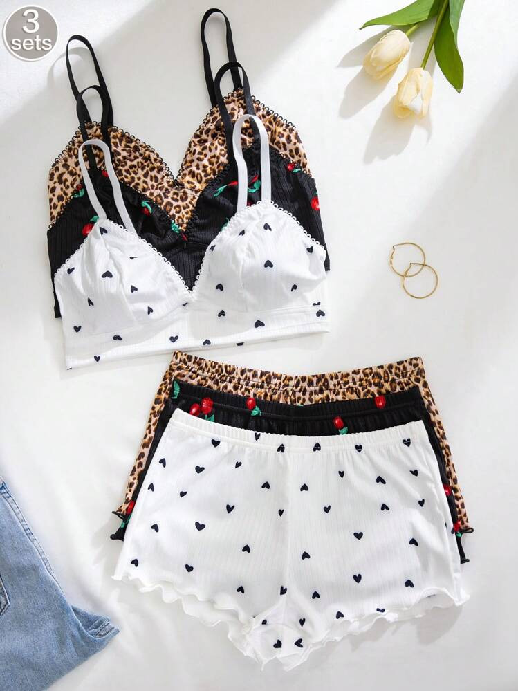 3pcs Women Heart, Cherry, Leopard Print Ruffled Lace Trim Lingerie Bra Set, Kawaii | SHEIN