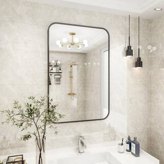 XRAMFY 26 in. W x 38 in. H Rectangular Aluminum Alloy Framed Rounded Black Wall Mirror BRTRC2638-... | The Home Depot