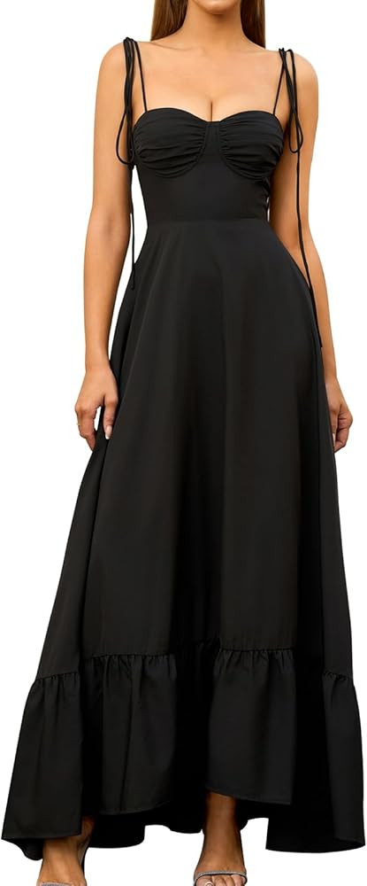 GLNEGE Women's Summer Spaghetti Strap Maxi Dress Casual Sleeveless Smocked Back Ruffle Hem Dresse... | Amazon (US)