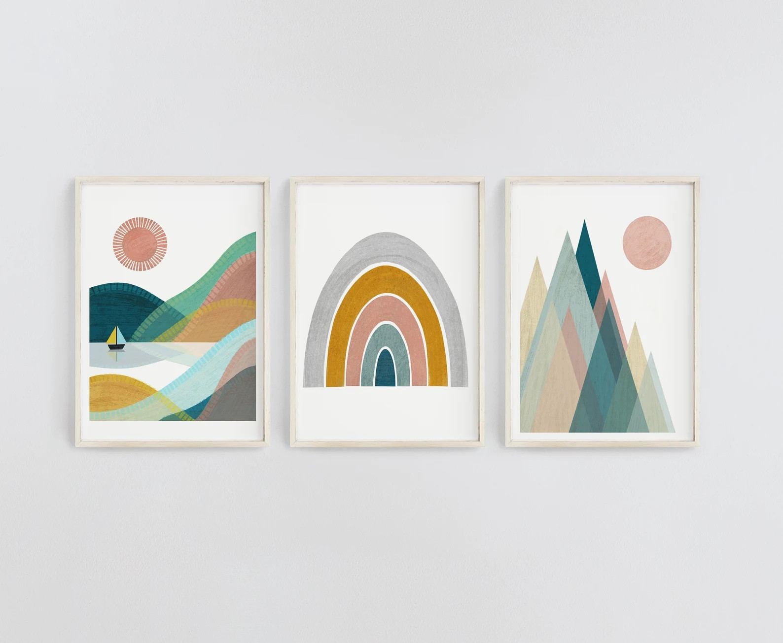 Set of 3 Prints | Nordic Nursery Decor | Mountain Print | Sunshine Print | Rainbow Print | Etsy (US)