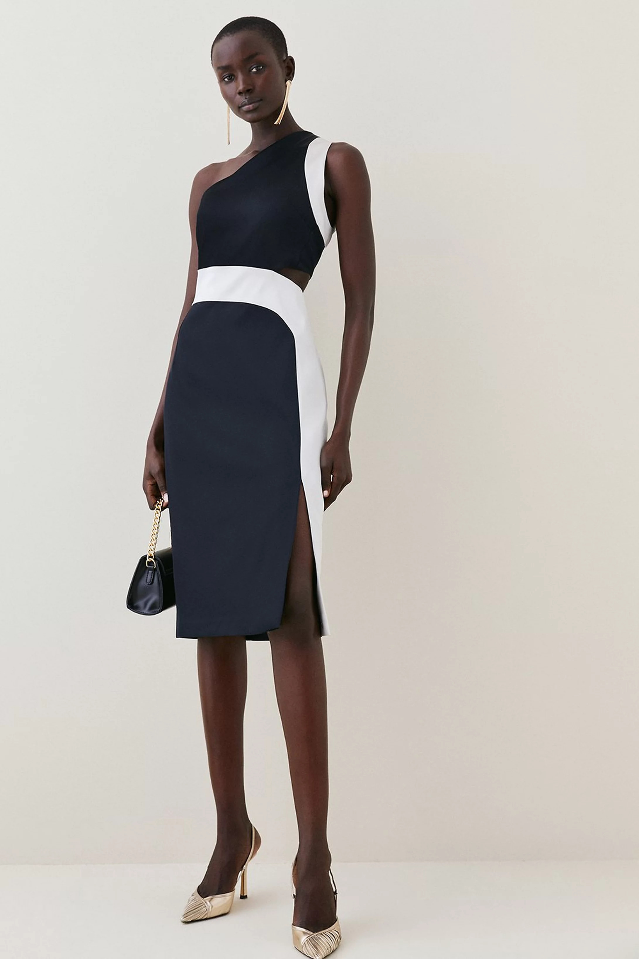 Italian Structured Satin Asymmetric Pencil Midi Dress | Karen Millen US