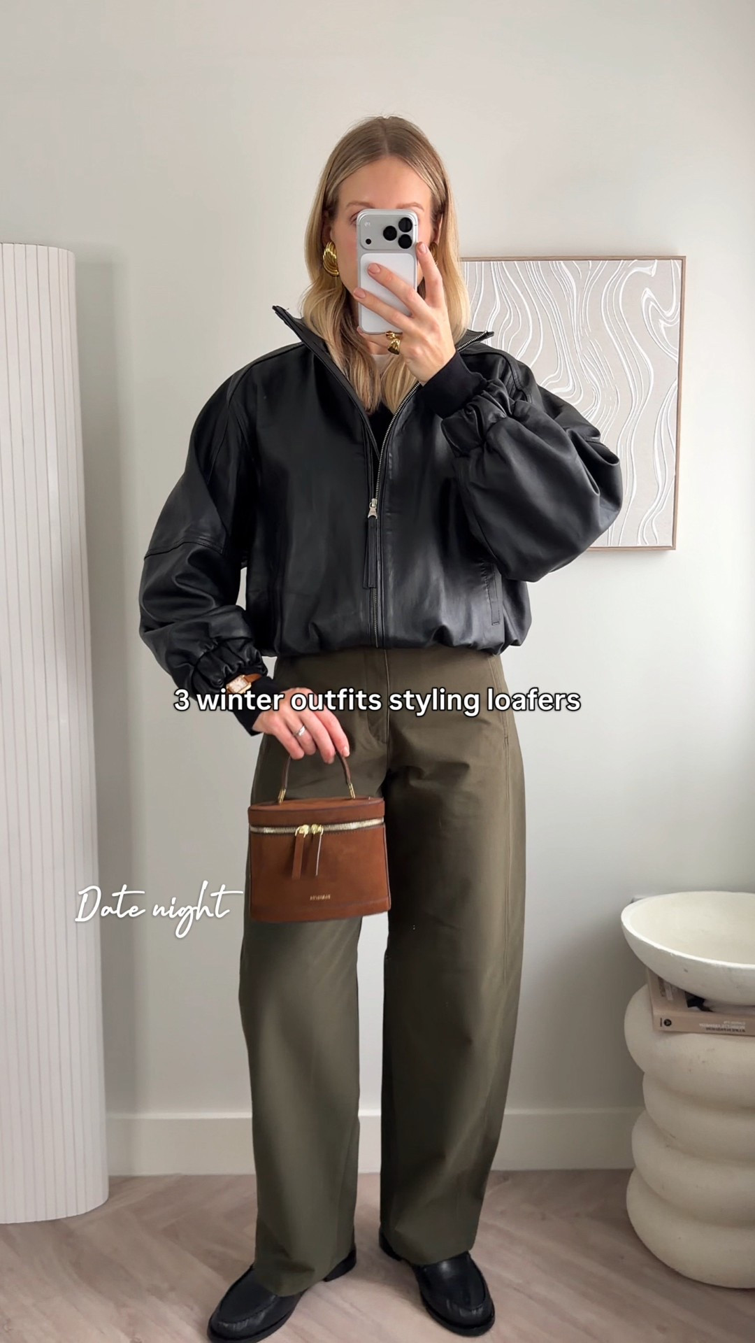 3 winter outfits styling black leather loafers 

Look 1 date night styling khaki Uniqlo barrel leg trousers and Arket black funnel neck leather jacket

Look 2 workwear styling funnel neck wool long coat with Arket barrel leg trousers and studded belt 

Look 3 school run mum outfit styling Fabrique faux fur coat cropped with Zara fleece lined joggers 

#waystowear #loafers #zara 

#LTKshoes #LTKwinter #LTKdatenight