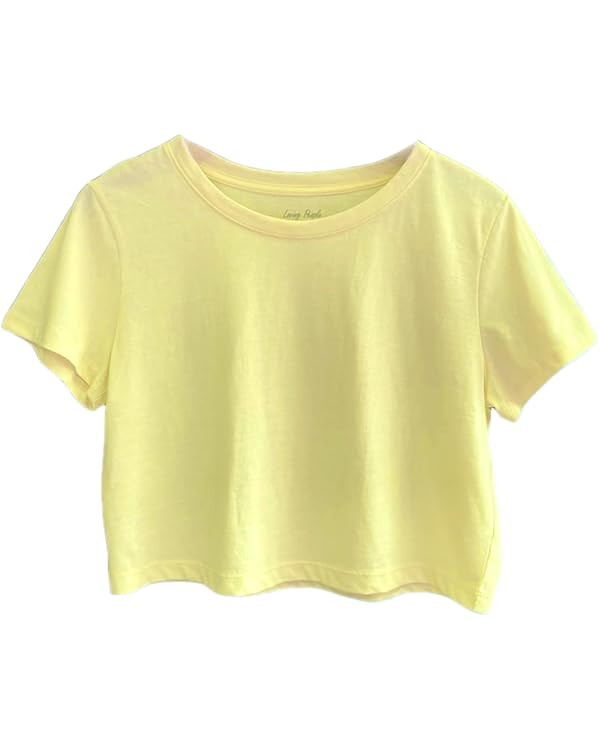 Women's Boxy Crop Top Round Neck Short Sleeve Casual 100% Cotton Cropped Tee T-Shirt | Amazon (US)