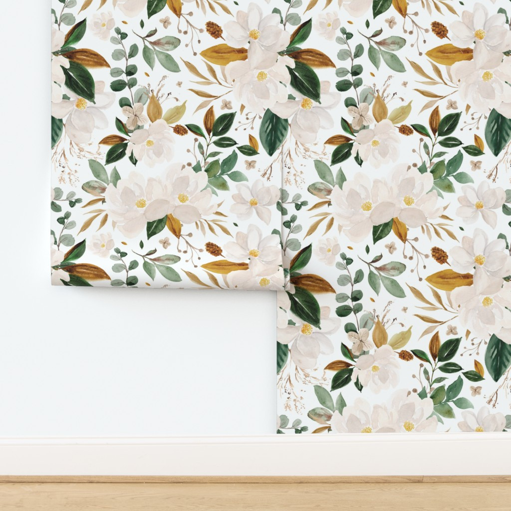 gold magnolia floral - oversized Wallpaper bykarolina_papiez | Spoonflower