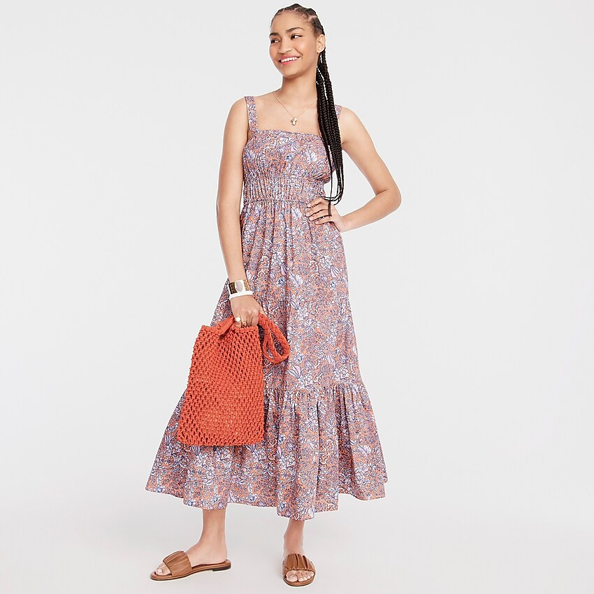 Tiered midi dress with removable straps in bouquet block print | J. Crew US