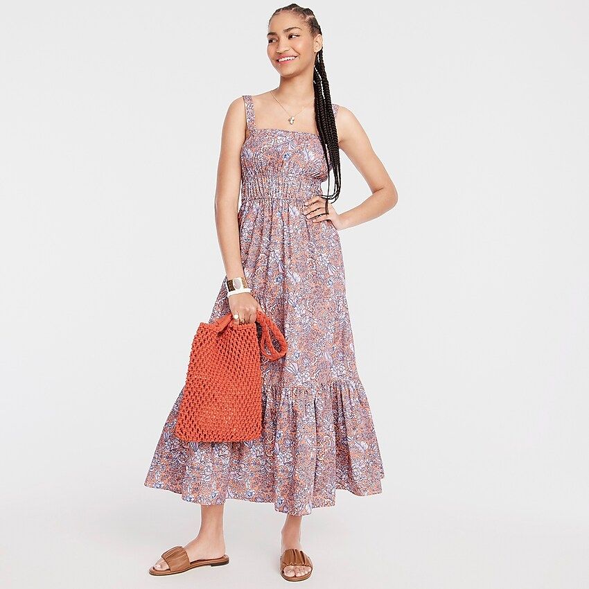 Tiered midi dress with removable straps in bouquet block print | J.Crew US