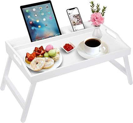 Bed Tray Table with Handles Folding Legs,Bamboo Breakfast Food Tray with Media Slot,Use As Platte... | Amazon (US)