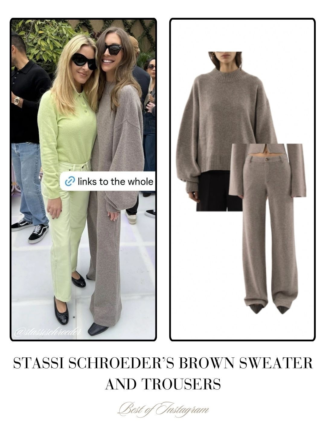 Stassi Schroeder’s Brown Sweater and Trousers // Sold by Arakii 📸 = @stassischroeder 