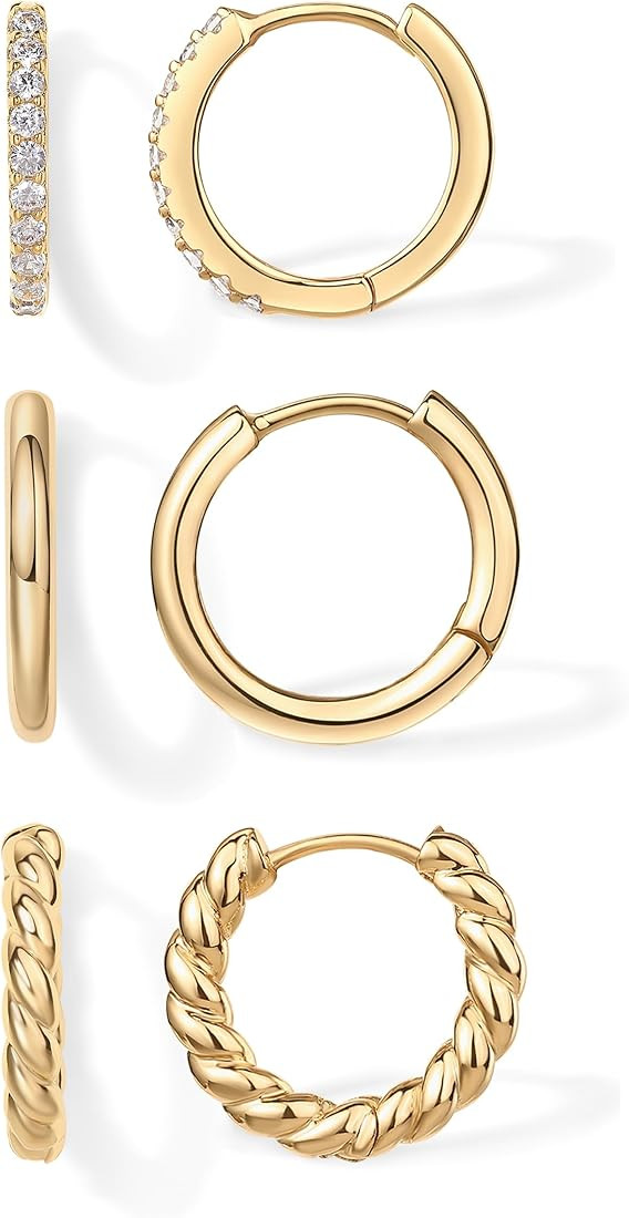 PAVOI 18K Gold Plated 925 Sterling Silver Posts 3 Pairs Small Hoop Earrings Set | Cubic Zirconia ... | Amazon (US)
