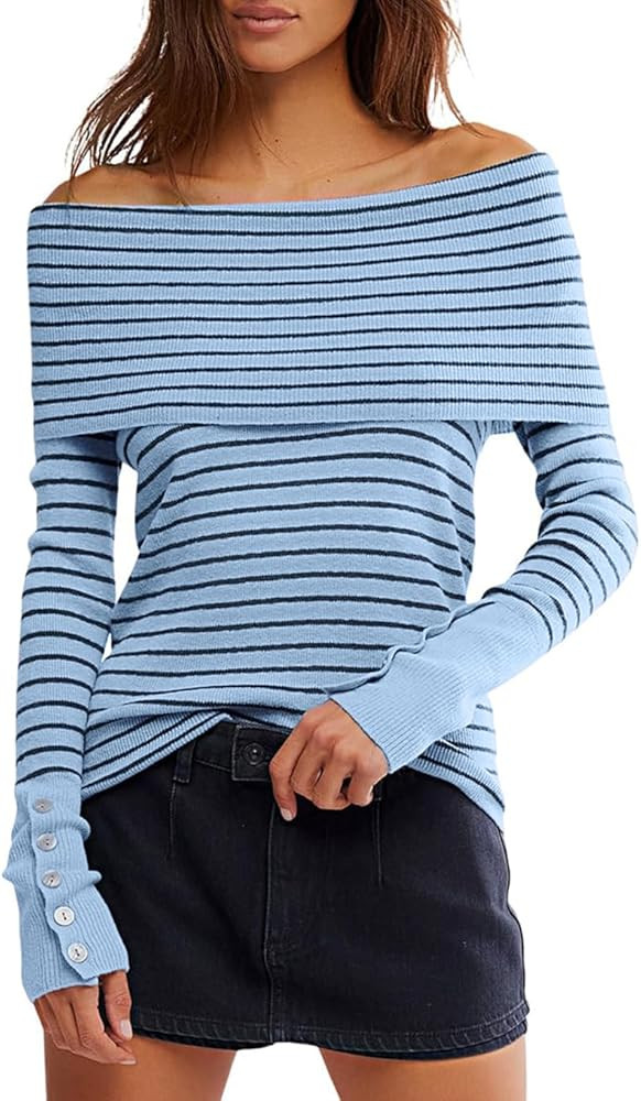 Daong Women Striped Off Shoulder Sweaters Long Sleeve Ribbed Knit Going Out Tops 2026 Spring Clot... | Amazon (US)