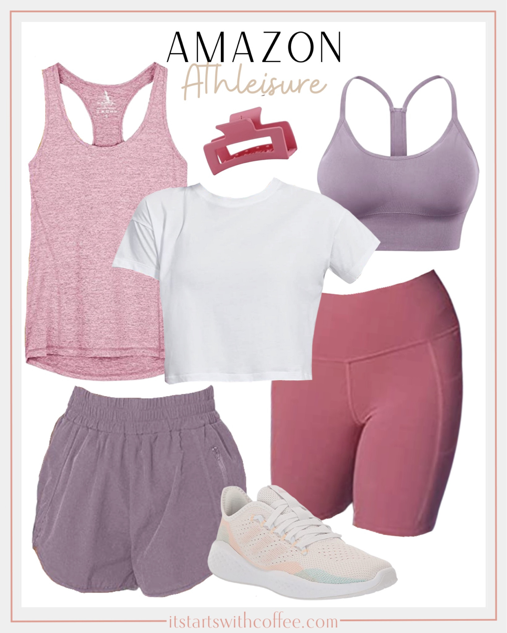Amazon athleisure includes purple sports bra, white crop tee, pink athletic tank, purple shorts, Nike sneakers, and hair claw.

Athleisure, outfit idea , Amazon finds, Amazon athleisure, mom outfit

#LTKunder100 #LTKfit #LTKstyletip