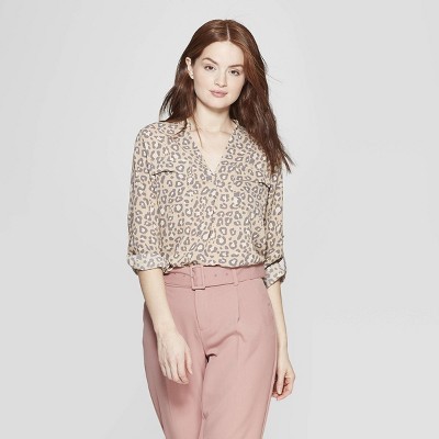 Women's Leopard Print Long Sleeve V-Neck Utility Popover Shirt - A New Day™ Tan | Target