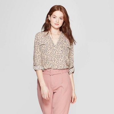 Women's Leopard Print Long Sleeve V-Neck Utility Popover Shirt - A New Day™ Tan | Target