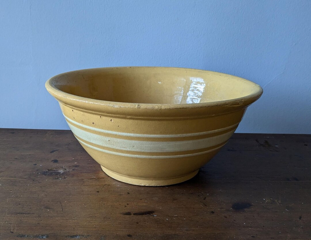 Large 12 Yellowware White Banded Stoneware Bowl, Antique Farmhouse Mixing Bowl, Mustard Yellow - ... | Etsy (US)