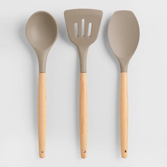 Gray Silicone Cooking Spoon with Wood Handle | World Market