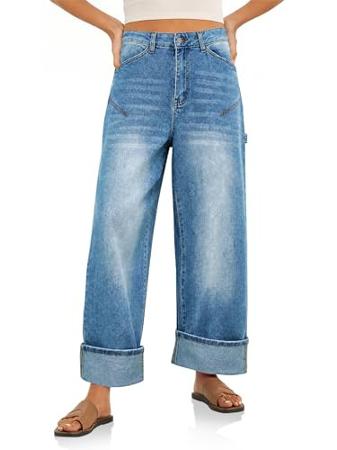 Cicy Bell Womens Wide Leg Jeans Baggy Boyfriend High Waisted Cuffed Denim Pants with Pockets | Amazon (US)
