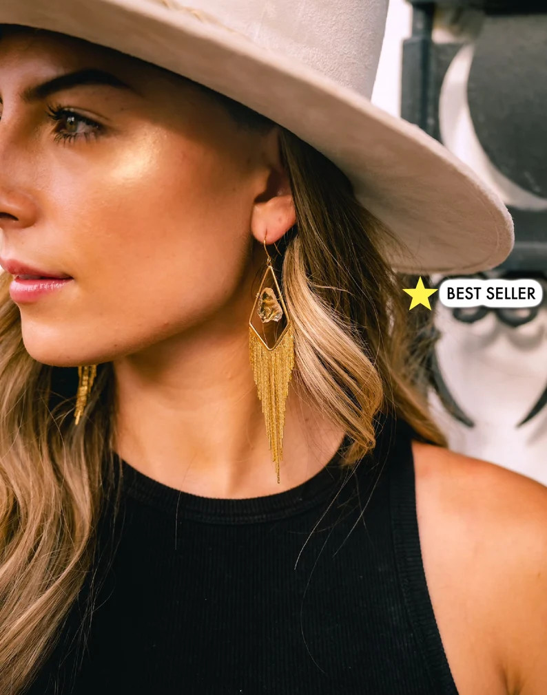 Raw Citrine Gold Fringe Statement Earring Crystal Extra Long Tassel Earrings Citrine Gold Earring... | Etsy (US)