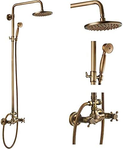 Antique Brass Bathroom Shower Faucet Set Brushed Gold Shower Fixture 8 Inch Rainfall Shower Head ... | Amazon (US)