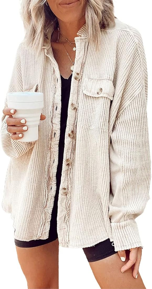 ebossy Womens Long Batwing Sleeve Splicing Cardigan Lightweight Waffle Textured Boyfriend Shirt J... | Amazon (US)