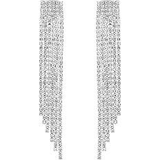 Mlouye 3.3"L Rhinestone Earrings Dangling Long Fringe Crystals Chandelier Dangle Drop Earrings fo... | Amazon (US)