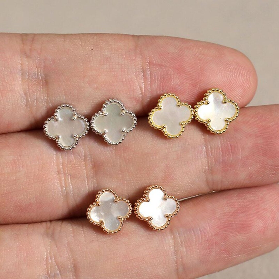 Vintage White Mother of Pearl 9mm Mini Clover Earrings 925 Silver 18k Gold Plated Mini Clover Stu... | Etsy (US)