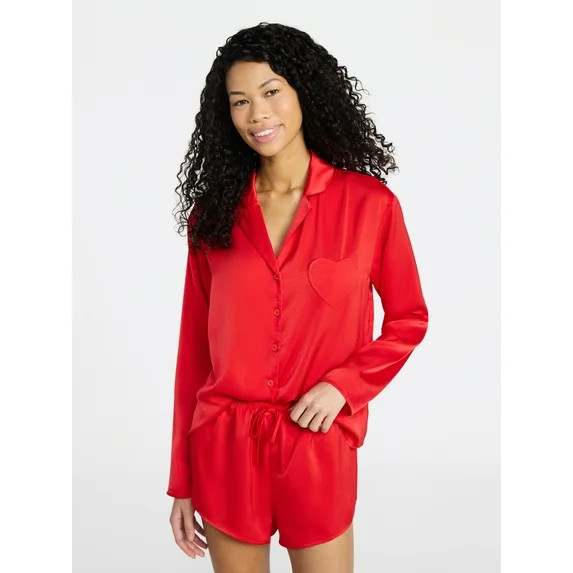 No Boundaries Sleepwear Satin Long Sleeve Button-Up Top and Shorts Set, 2-Piece, Women’s XS-XXL | Walmart (US)