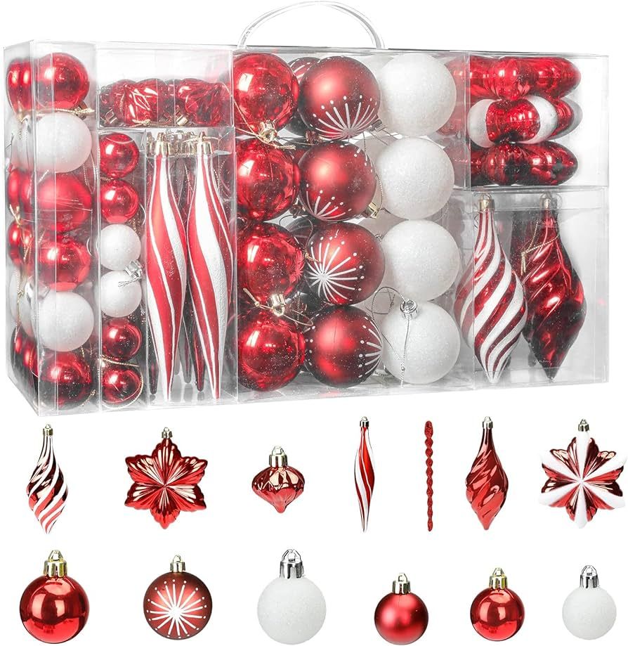 98pcs Christmas Ball Ornaments for Xmas Tree Red and White Large Bulk Christmas Ornaments Shatter... | Amazon (US)