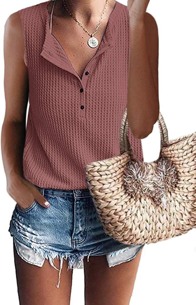 Womens Waffle Knit Tunic Tops V Neck Henley Tank Tops Sleeveless Button Up Shirts | Amazon (US)