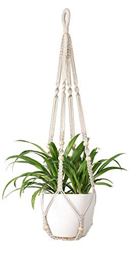 Mkono Macrame Plant Hanger Indoor Hanging Planter Basket with Wood Beads Decorative Flower Pot Holder No Tassels for Indoor Outdoor Boho Home Decor 35 Inch, Ivory, Set of 1 (POTS NOT Included) | Amazon (US)