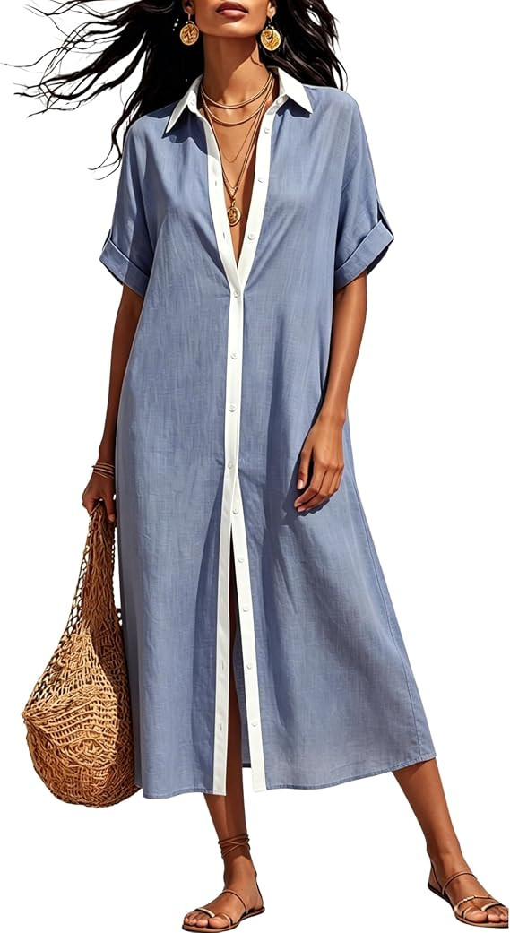 Womens Color Block V Neck Shirt Dress Linen Cotton Button Down Coverups Casual Loose Beach Maxi D... | Amazon (US)