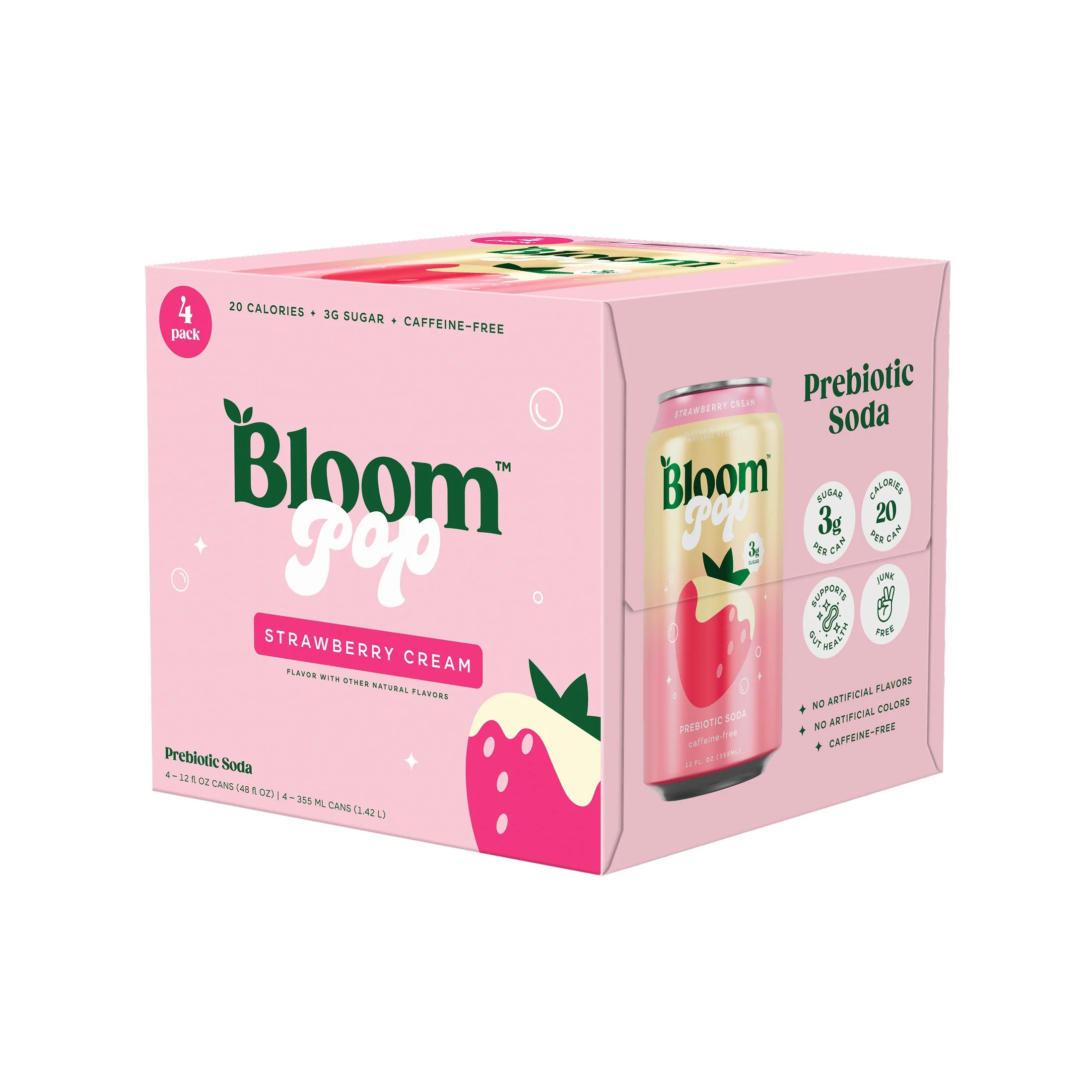 Bloom Nutrition Pop Prebiotic Soda, Strawberries & Cream, 12 fl oz, 4 Pack Cans - Walmart.com | Walmart (US)