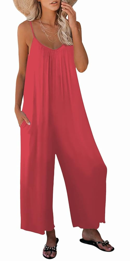 Womens Casual Sleeveless Strap Loose Adjustable Jumpsuits Stretchy Long Pants Romper with Pockets | Amazon (US)