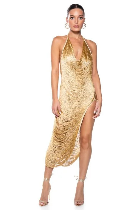 SOFIA FRINGE HIGH SLIT MIDI DRESS IN GOLD | AKIRA