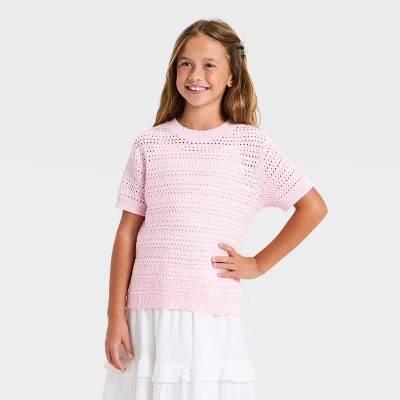 Girls' Short Sleeve Openwork Pullover Sweater - Cat & Jack™ Light Pink XS | Target